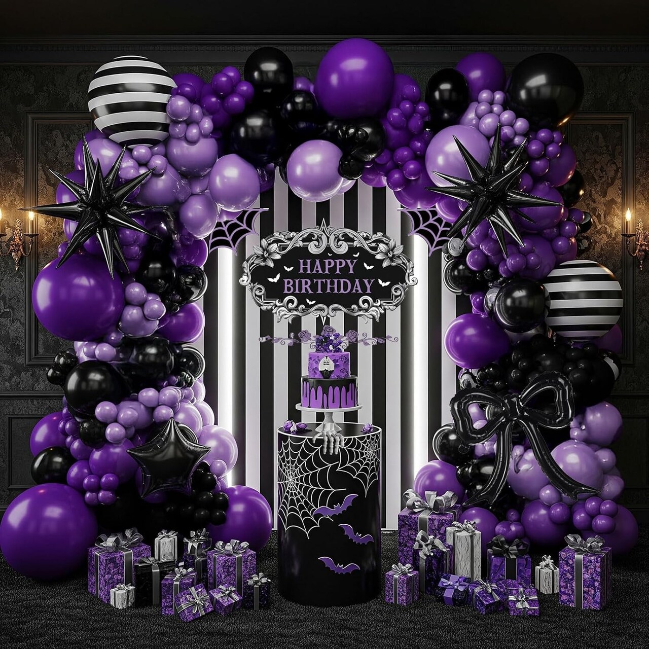 Purple Black Balloon Arch Garland Kit with Gothic Backdrop, Bow Star Mylar Balloons, Black White Striped Party Decor for Gothic Birthday, Halloween, K-Pop & Spooky Themed Events